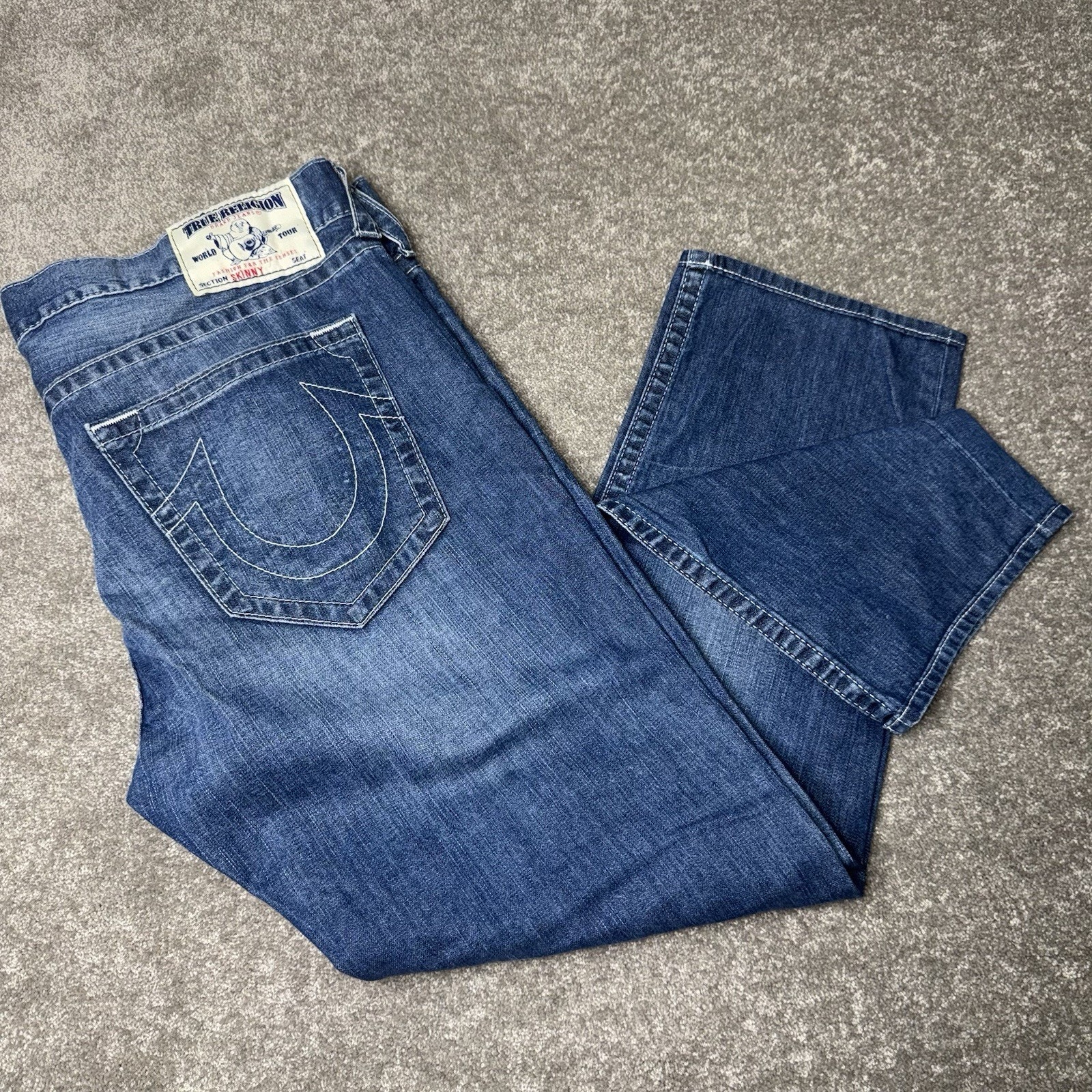True Religion Mens 40 Skinny Fit Jeans Blue Distressed Denim Designer Usa
